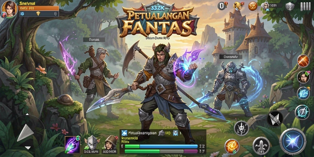 Screenshot gameplay <strong>33ZK</strong> menunjukkan pertarungan epik di dunia fantasi.
