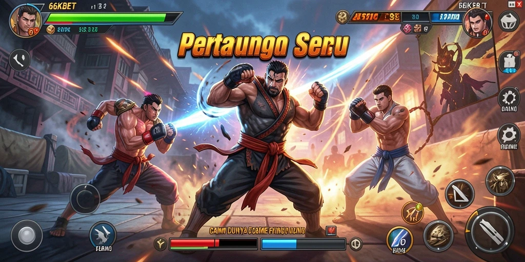 Screenshot gameplay <strong>66KBET</strong> menampilkan pertarungan yang intens dan karakter beragam.