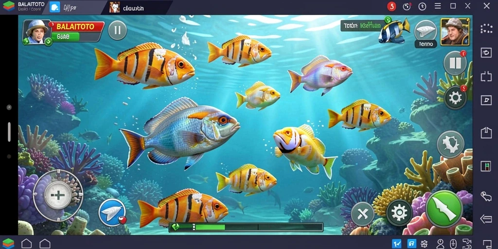 Tampilan gameplay BALAITOTO dengan aksi menembak ikan.
