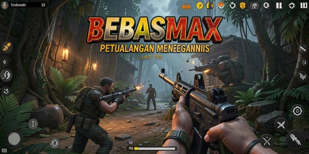 Screenshot utama BEBASMAX menampilkan aksi mendebarkan dalam gameplay TPS.