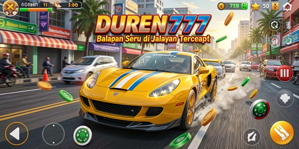 Screenshot gameplay DUREN777 menampilkan mobil balap dengan latar belakang kota yang dinamis.