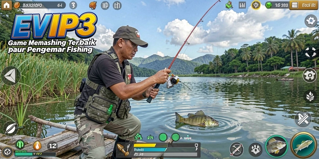Screenshot gameplay EVIP3 yang menampilkan pengalaman memancing yang seru.