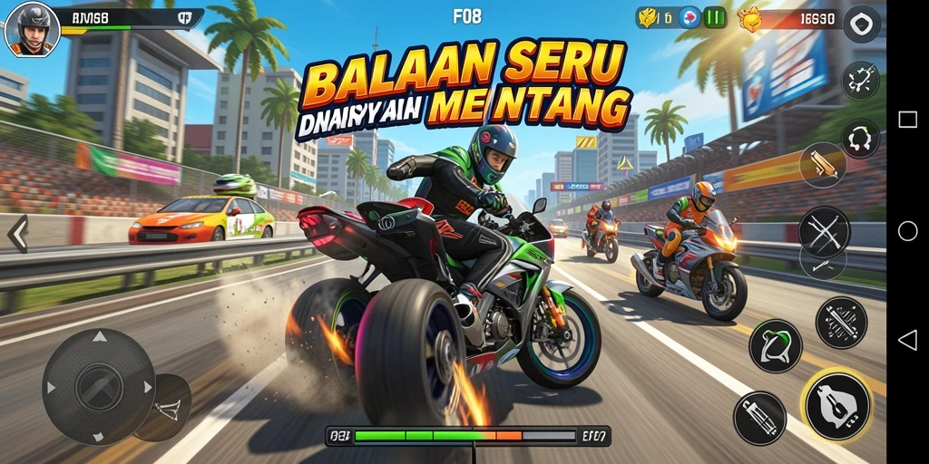 Gameplay Racing F08 menggembirakan dengan balapan yang menegangkan.