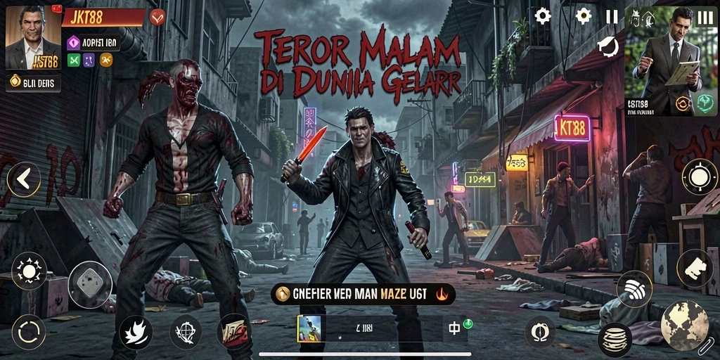 Screenshot gameplay JKT88 menampilkan suasana mencekam dalam kegelapan.