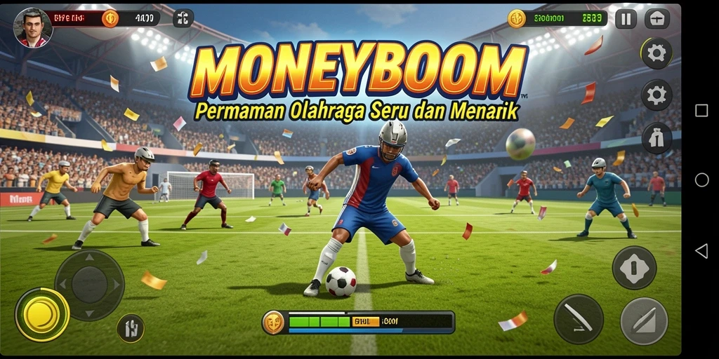 Screenshot menampilkan gameplay seru dalam MONEYBOOM dengan kompetisi olahraga.