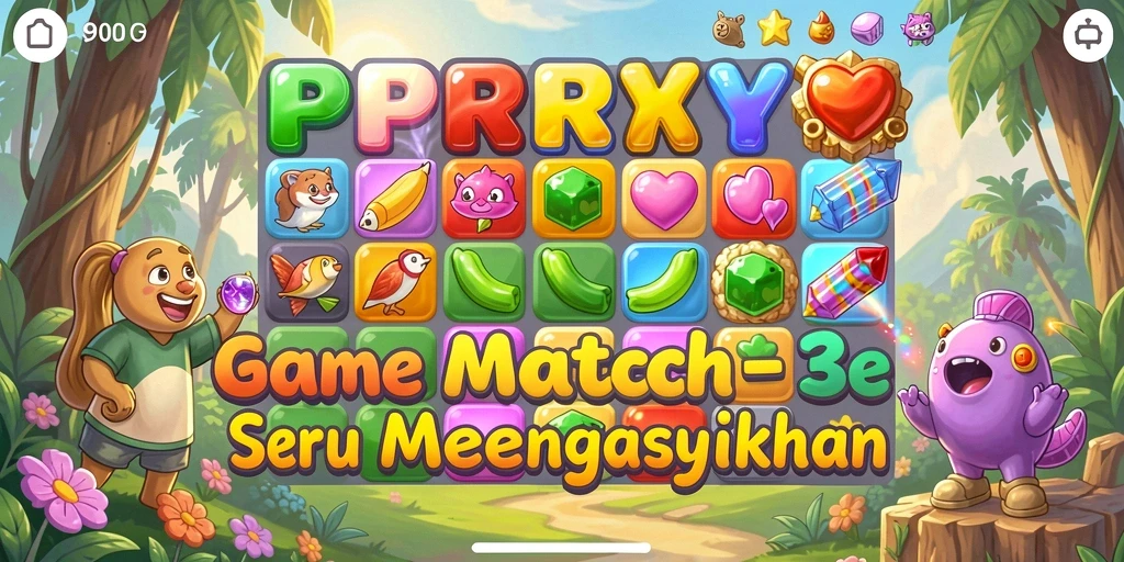 Tangkapan layar PPRRYY menunjukkan gameplay Match-3 yang menarik dan penuh warna.