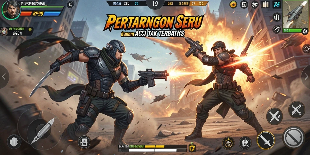 Screenshot utama RP99 menunjukkan gameplay action yang mendebarkan.