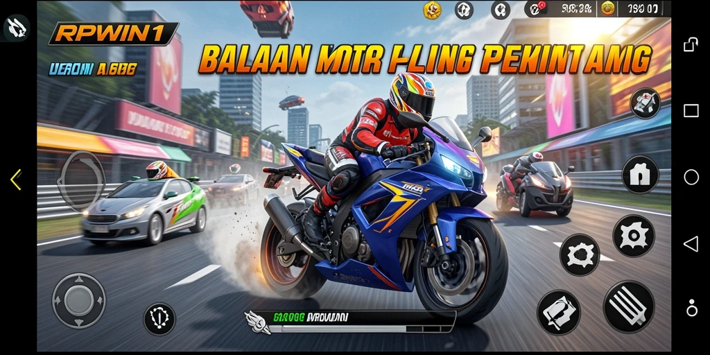 Tampilan gameplay RPWIN1 dengan motor balap yang cepat.