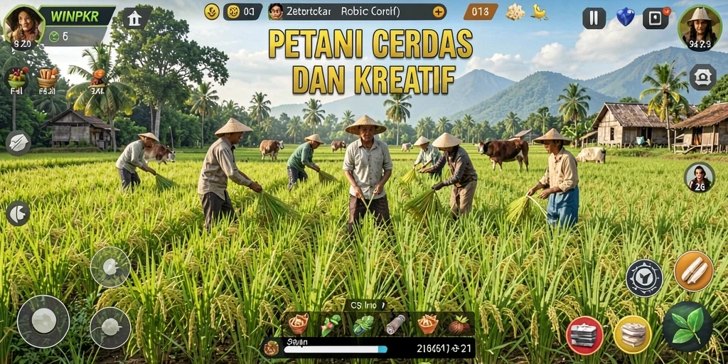 Tangkapan layar dari gameplay WINPKR menampilkan ladang subur dan aktivitas pertanian.